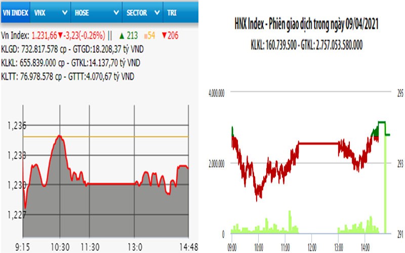 NDO -  Phiên giao dịch cuối tuần, ngày 9-4, nhóm cổ phiếu vừa và nhỏ (CIG, FTM, ROS, TDG, HCD, LCM, DLG...) tăng mạnh, trong khi nhiều cổ phiếu lớn giảm giá, gây áp lực lên các chỉ số. Chốt phiên, VN-Index giảm 3,23 điểm, xuống 1.231,66 điểm; HNX-Index tăng 0,04 điểm, lên 283,79 điểm; UPCoM-Index giảm 0,06 điểm,  xuống 83,01 điểm. Thanh khoản thị trường rất cao, tổng KLGD hơn 1 tỷ cổ phiếu, tương ứng GTGD hơn 22.000 tỷ đồng.