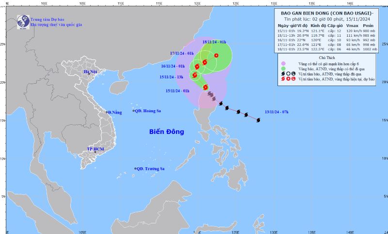 (ĐCSVN) – Hôm nay (15/11), Bão Usagi giật cấp 15 tiến gần Biển Đông, bão số 8 đã suy yếu thành áp thấp nhiệt đới.Trên đất liền, miền Bắc tiếp tục có nắng hanh, đêm và sáng sớm trời se lạnh.​