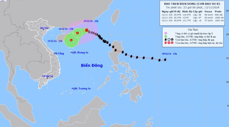 (ĐCSVN) - Hôm nay (14/11), bão số 8 giật cấp 10, di chuyển theo hướng Tây, trên vùng biển phía Bắc khu vực Bắc Biển Đông, cường độ suy yếu dần. Khu vực Bắc Bộ sáng sớm có sương mù, trời nắng. Tây Nguyên và Nam Bộ ngày nắng, chiều tối có mưa rào và dông.