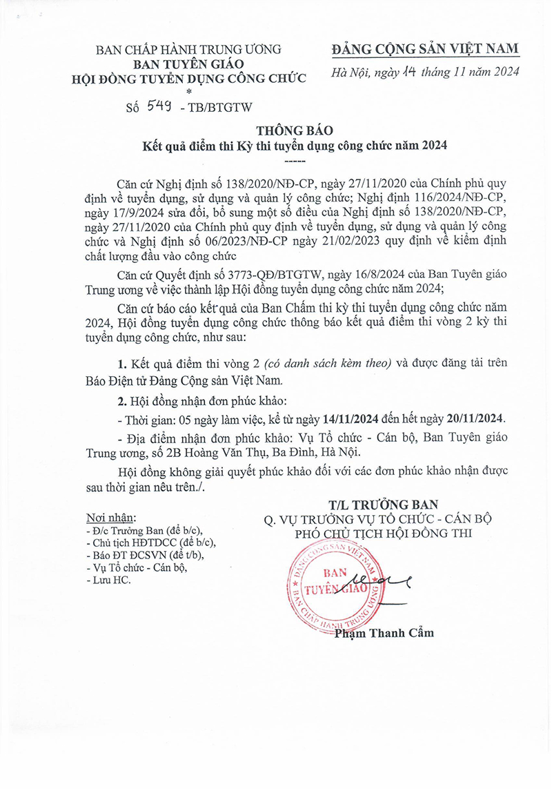 (ĐCSVN) - Căn cứ báo cáo kết quả của Ban Chấm thi kỳ thi tuyển dụng công chức năm 2024 của Ban Tuyên giáo Trung ương, Hội đồng tuyển dụng công chức Ban Tuyên giáo Trung ương thông báo kết quả điểm thi vòng 2 kỳ thi tuyển dụng công chức như sau: