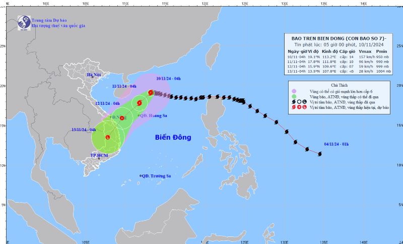 (ĐCSVN) - Bão số 7 (Yinxing) cách quần đảo Hoàng Sa khoảng 335 km về phía Bắc Đông Bắc, với sức gió gần tâm bão mạnh cấp 14, giật cấp 17, biển động giữ dội.