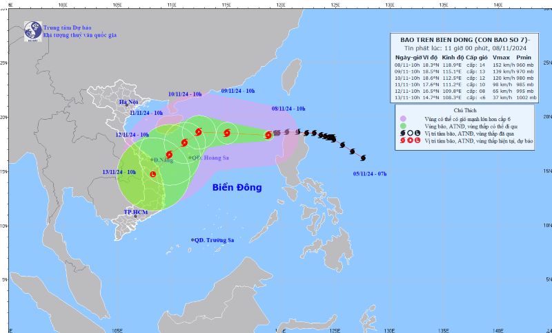 (ĐCSVN) - Hồi 10 giờ ngày 8/11, vị trí tâm bão bão số 7 (Yinxing) ở trên vùng biển phía Đông của khu vực Bắc Biển Đông, với sức gió mạnh cấp 13-14, giật cấp 17, di chuyển theo hướng Tây Tây Nam, tốc độ khoảng 15km/giờ.