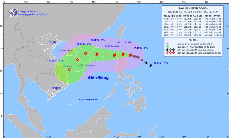 (ĐCSVN) - Sáng nay (7/11), bão Yinxing đã mạnh lên cấp 15 (sức gió tối đa 183 km/h) khi tiến gần đảo Luzon của Philippines. Dự báo, báo sẽ vào Biển Đông vào rạng sáng mai (8/11) và trở thành cơn bão số 7 trong năm 2024.