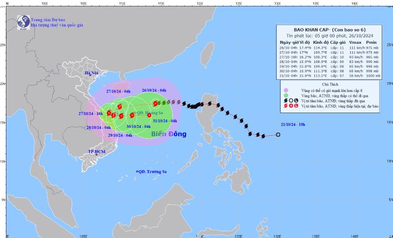 (ĐCSVN) – Bão số 6 trên khu vực Bắc Biển Đông, cách quần đảo Hoàng Sa khoảng 230km về phía Đông Đông Bắc, với sức gió mạnh cấp 11, giật cấp 14, gây mưa lớn cho khu vực miền Trung.