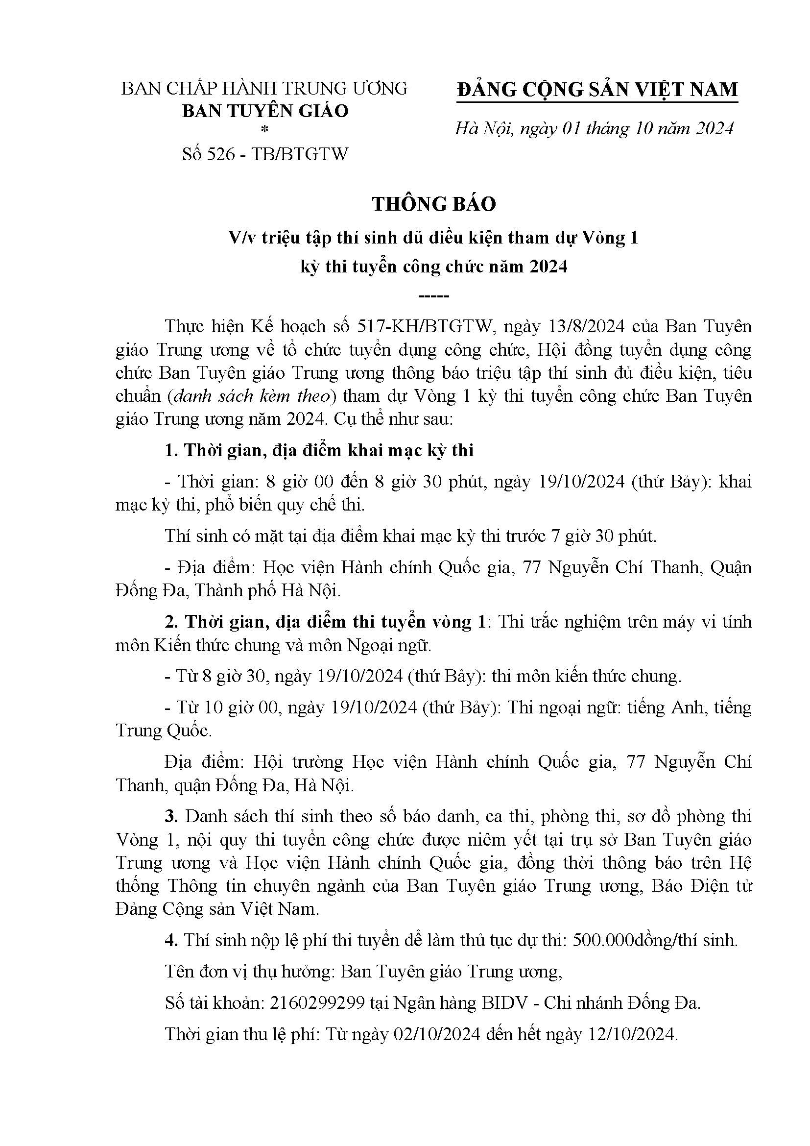 (ĐCSVN) - Thông báo triệu tập thí sinh đủ điều kiện, tiêu chuẩn tham dự Vòng 1 kỳ thi tuyển công chức Ban Tuyên giáo Trung ương năm 2024