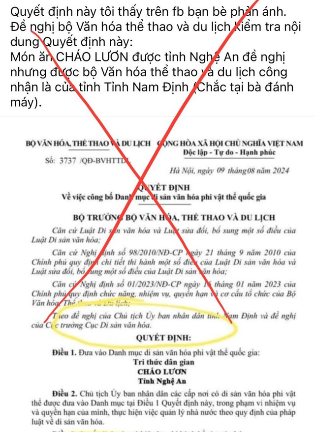 (ĐCSVN) - Ngày 14/8, Bộ VHTTDL đã có công văn số 3466/BVHTTDL-VP gửi Ban Tuyên giáo Trung ương; các Bộ: Công an, Thông tin và Truyền thông về việc đề nghị xử lý thông tin xuyên tạc, sai sự thật việc tri thức dân gian “Cháo lươn” Nghệ An được đề cử Di sản văn hóa phi vật thể.