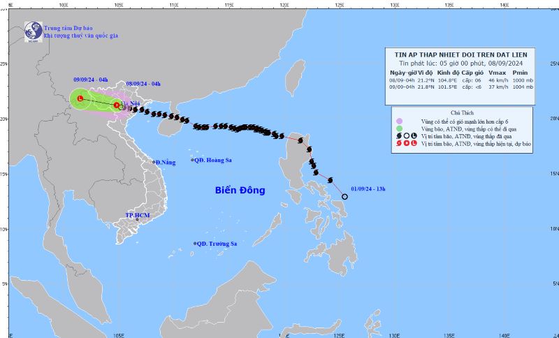 (ĐCSVN) – Hôm nay (8/9), bão số 3 đã suy yếu thành áp thấp nhiệt đới. Các tỉnh Bắc Bộ và thủ đô Hà Nội vẫn mưa to đến rất to do ảnh hưởng của bão số 3 suy yếu. Mưa lớn có khả năng gây ra tình trạng ngập úng tại các vùng trũng, thấp; lũ quét trên các sông, suối nhỏ, sạt lở đất trên sườn dốc.