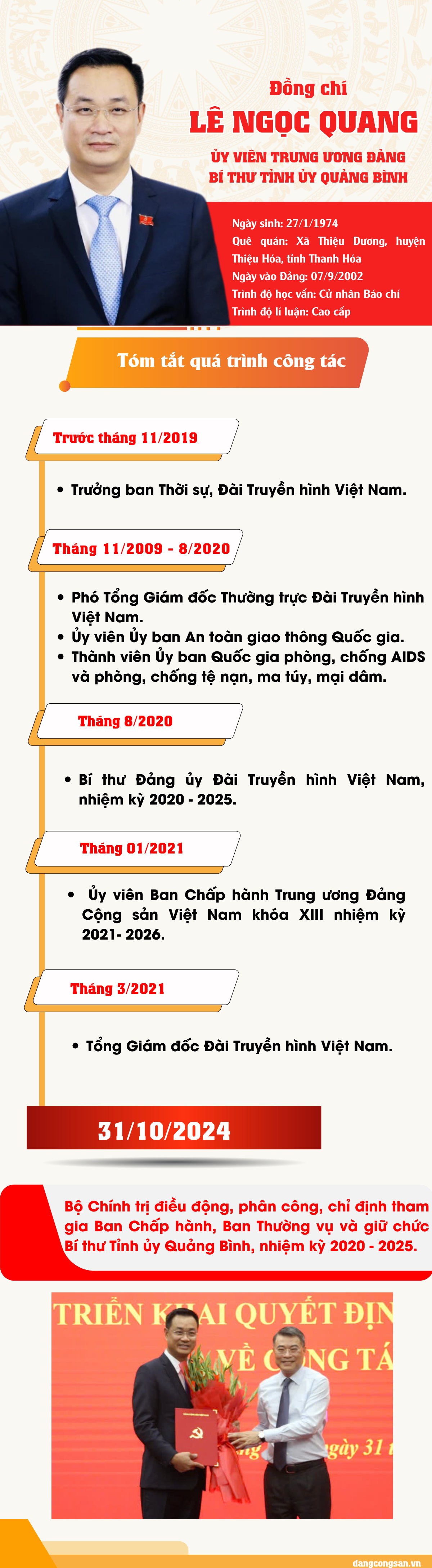 (ĐCSVN) - Ngày 31/10, tại Tỉnh ủy Quảng Bình, Ban Tổ chức Trung ương công bố và trao Quyết định của Bộ Chính trị điều động, phân công, chỉ định đồng chí Lê Ngọc Quang, Ủy viên Trung ương Đảng, Tổng Giám đốc Đài Truyền hình Việt Nam tham gia Ban Chấp hành, Ban Thường vụ và giữ chức Bí thư Tỉnh ủy Quảng Bình, nhiệm kỳ 2020 - 2025.