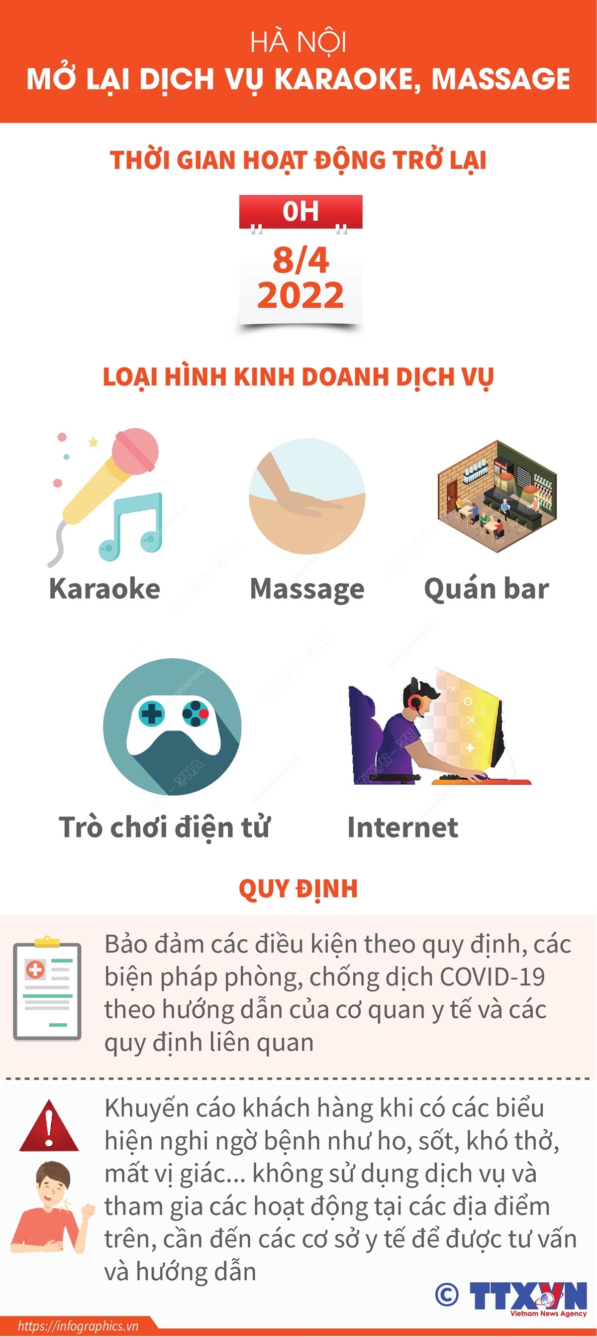 Căn cứ vào tình hình dịch bệnh COVID-19 trên địa bàn thành phố, UBND thành phố Hà Nội đã cho phép các loại hình kinh doanh dịch vụ như karaoke, quán bar, massage… hoạt động trở lại nhưng phải đảm bảo các quy định phòng chống dịch.