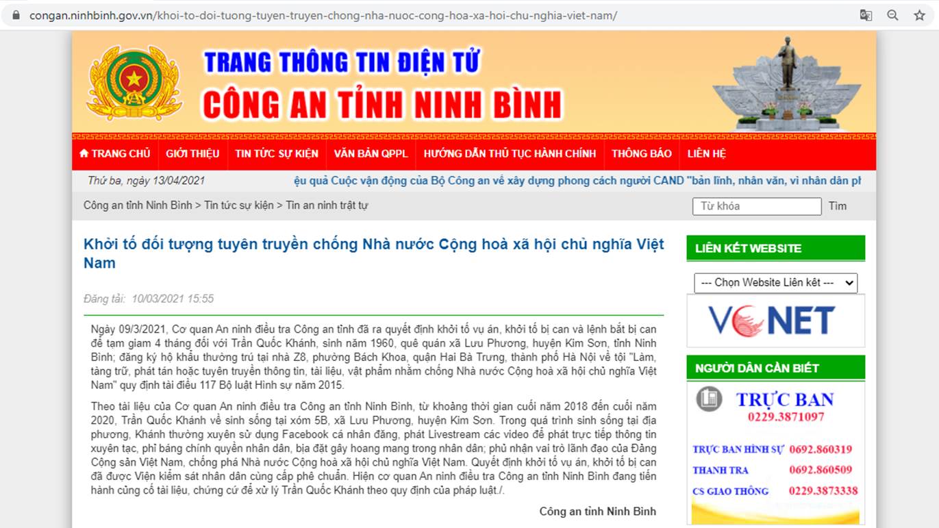 (ĐCSVN) - Những ngày gần đây, việc cơ quan chức năng khởi tố, bắt tạm giam một số đối tượng về hành vi tuyên truyền chống Nhà nước Cộng hoà xã hội chủ nghĩa Việt Nam đã thu hút sự chú ý của dư luận. Đặc biệt, các thế lực thù địch đã lợi dụng việc này để chống phá cuộc bầu cử đại biểu Quốc hội khóa XV và bầu cử đại biểu Hội đồng Nhân dân nhiệm kỳ 2021-2026 khi cho rằng những cá nhân này bị khởi tố, bắt tạm giam là do “tự ứng cử”...