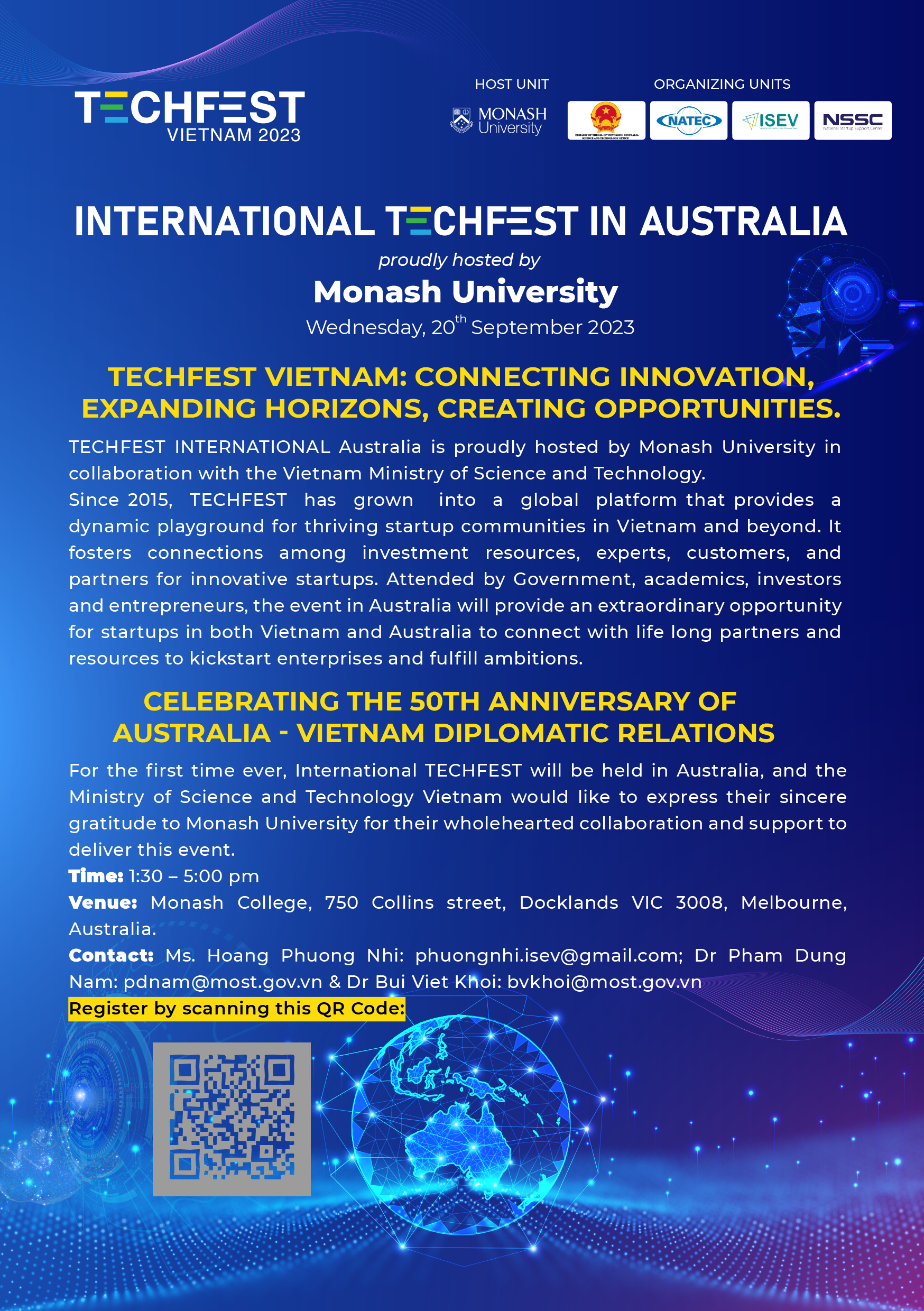 (ĐCSVN) – TECHFEST quốc tế tại thành phố Melbourne, Úc sẽ được tổ chức vào chiều ngày 20/9 tại Đại học Monash, với sự tham gia của Bộ trưởng Bộ KH&CN Huỳnh Thành Đạt; Bộ trưởng Bộ Thương mại và Đầu tư, Bang Victoria, Úc; Văn phòng đại diện KH&CN Việt Nam tại Canberra cùng hơn 100 chuyên gia, nhà đầu tư, quỹ đầu tư, tổ chức hỗ trợ khởi nghiệp uy tín của hai nước.