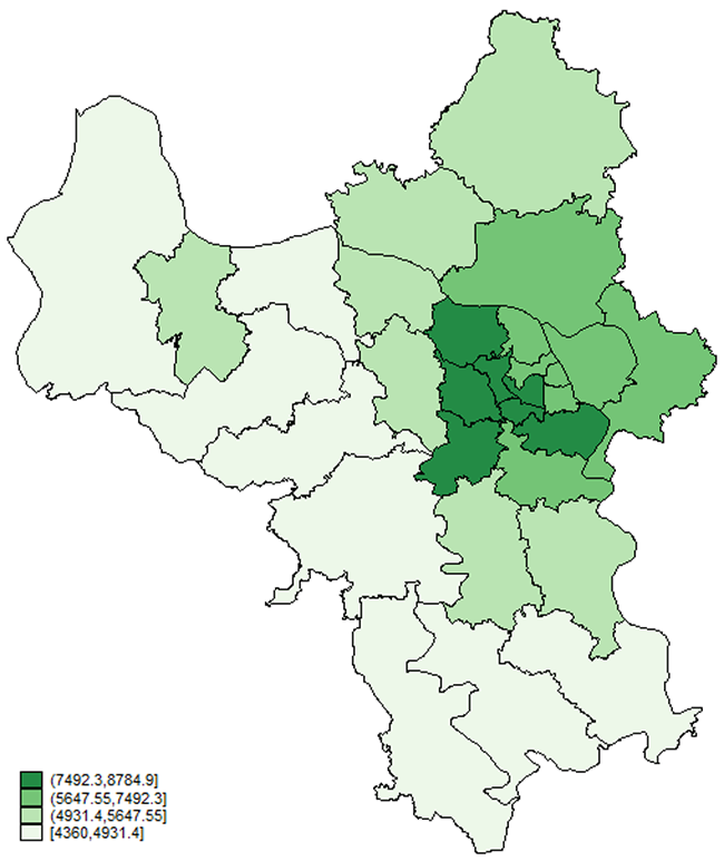 Kết quả ước lượng khu vực nhỏ thu nhập bình quân đầu người 01 tháng của các quận/huyện theo vùng trên cả nước
