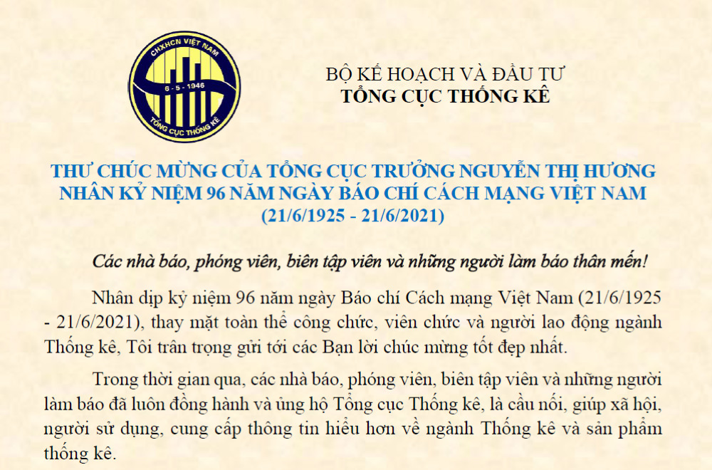   Thư chúc mừng của Tổng cục trưởng TCTK Nguyễn Thị Hương nhân kỷ niệm 96 năm Ngày Báo chí Cách mạng Việt Nam (21/6/1025 - 21/6/2021)