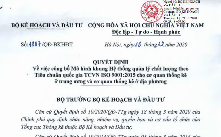 Mô hình khung hệ thống quản lý chất lượng theo Tiêu chuẩn quốc gia TCVN ISO 9001:2015 cho cơ quan thống kê ở trung ương và cơ quan thống kê ở địa phương