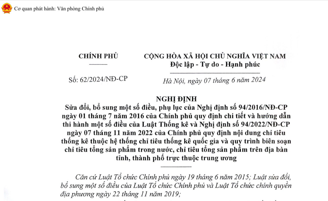 Chính phủ ký ban hành Nghị định số 62/2024/NĐ-CP thay đổi thời gian phổ biến một số thông tin thống kê quan trọng của cơ quan thống kê Trung ương