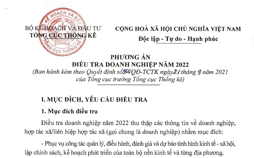 Phương án điều tra doanh nghiệp năm 2022