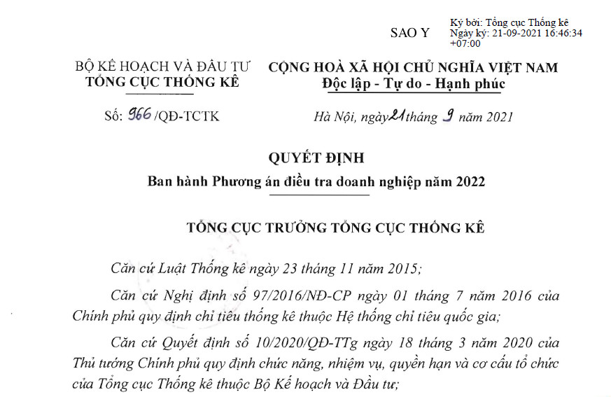  Quyết định phương án Điều tra doanh nghiệp năm 2022