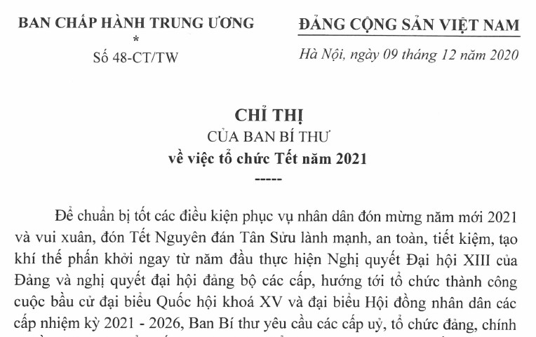 Chỉ thị của Ban Bí thư về việc tổ chức Tết năm 2021