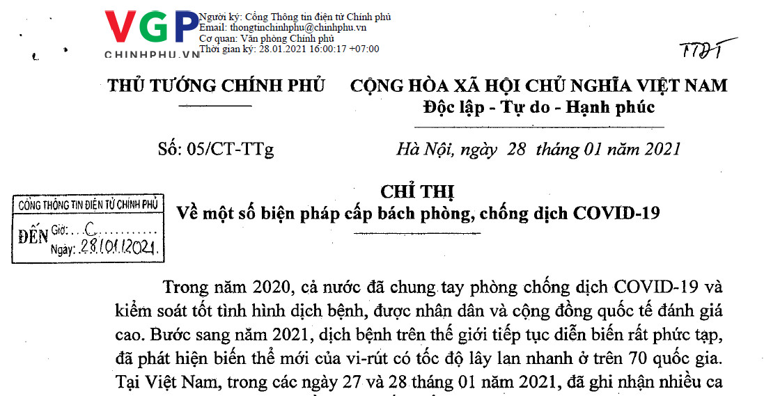 Chỉ thị số 05/CT-TTg ngày 28/01/2021 của Thủ tướng Chính phủ về một số biện pháp cấp bách phòng, chống dịch Covid-19