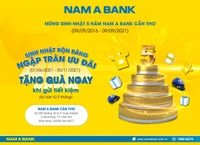 Từ 1-6 đến 30-11, khách hàng gửi tiết kiệm tại cụm Nam A Bank Cần Thơ sẽ được nhận ngay hàng ngàn quà tặng giá trị. Đây là chương trình tri ân khách hàng nhân dịp kỷ niệm 5 năm thành lập Nam A Bank Cần Thơ.